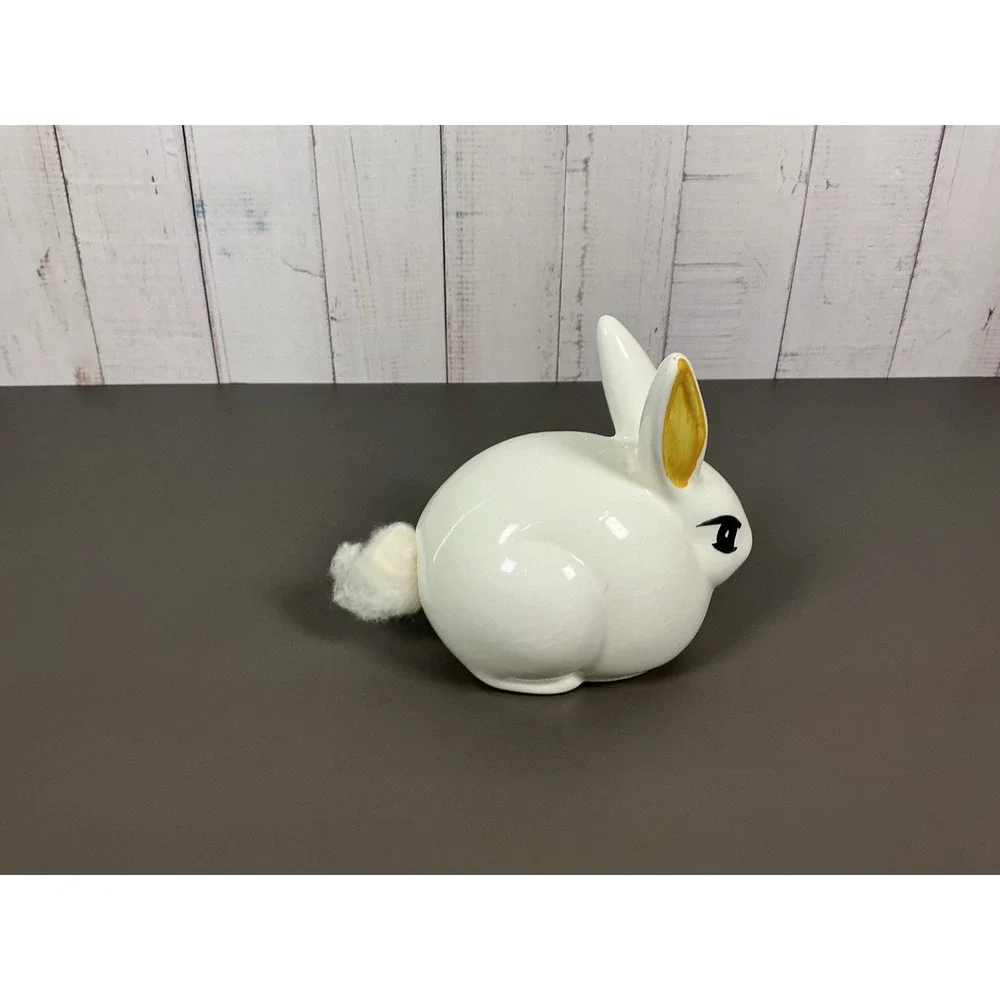 Vintage White Ceramic Bunny Rabbit Figurine Fluffy Tail Hand Painted Gold Ears